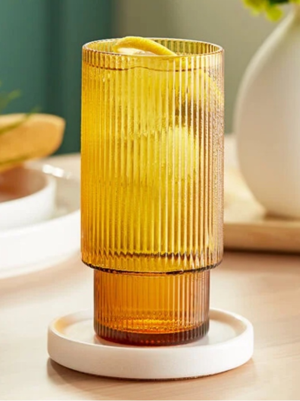 Pottery Barn Amber Ribbed Carousel Highball Glasses x4 - Picture 7 of 12